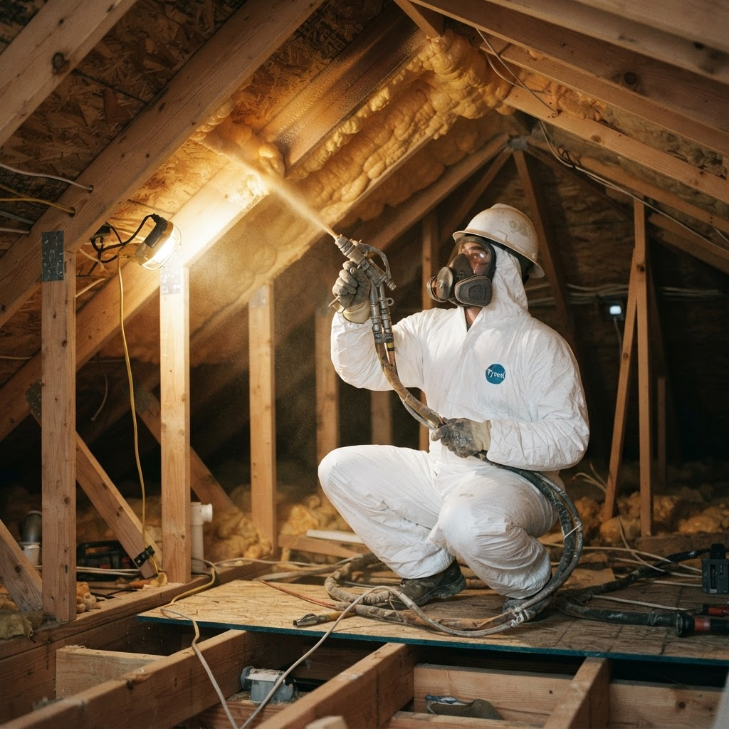 Insulation technician spraying expanding foam onto attic rafters
