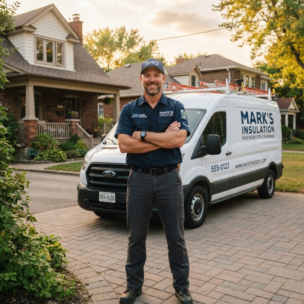 Professional insulation contractor standing in front of a work van